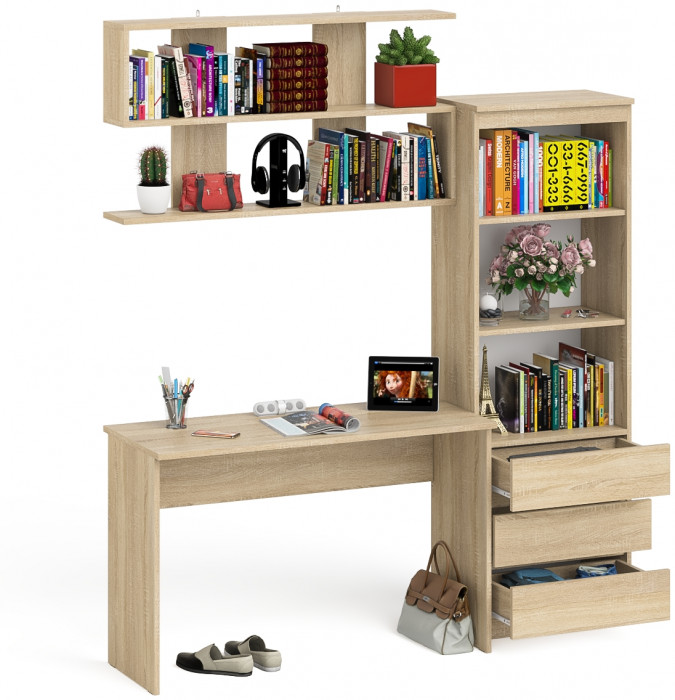 Мори письменный стол МСП1200.1 + Стеллаж МСТ600.3 + Полка 1200, дуб сонома