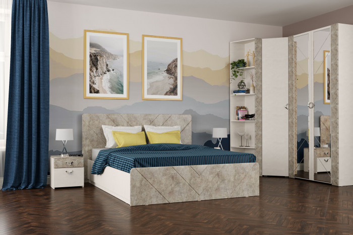 Амели Кровать 11.31 + подъёмный ортопед + две тумбочки, цвет шёлковый камень/бетон чикаго беж, ШхГхВ 263,4х205,2х104,3 см., сп. м. 1600х2000 мм., б/м