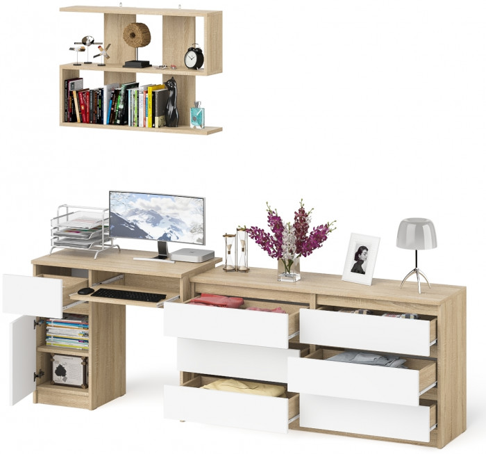 Мори компьютерный стол МС-1 левый + Комод МК1380.6 + Полка 900, дуб сонома/белый