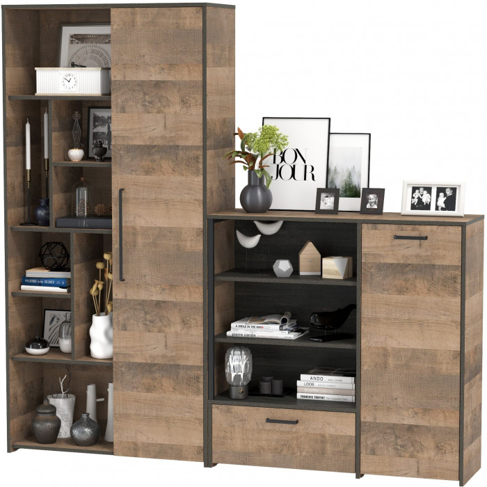 Трувор 13.206 Шкаф-стеллаж + 13.307.01 Комод, цвет дуб гранж песочный/интра, ШхГхВ 202х37х194,2 см., универсальная сборка