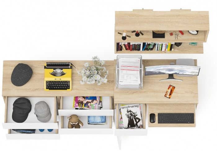 Мори Стол компьютерный МС-1 левый + Комод МК1200.6 + Полка 900, цвет дуб сонома/белый, ШхГхВ 210,4х50х209,6 см., НЕ универсальная сборка