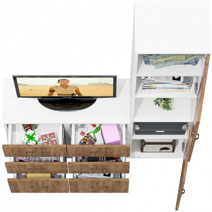 Лидер-8 Пенал + Тумба МД 3.16 + Тумба МД 3.16, цвет белый шагрень/крафт золото, ШхГхВ 120х50х190 см., универсальная сборка