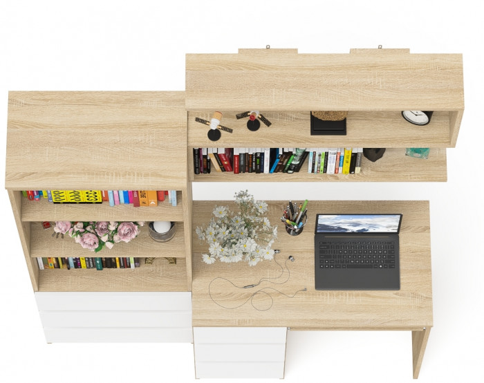 Мори Стол компьютерный МС-6 левый + Стеллаж МСТ600.3 + Полка 900, цвет дуб сонома/белый, ШхГхВ 150,4х50х209,6 см., НЕ универсальная сборка