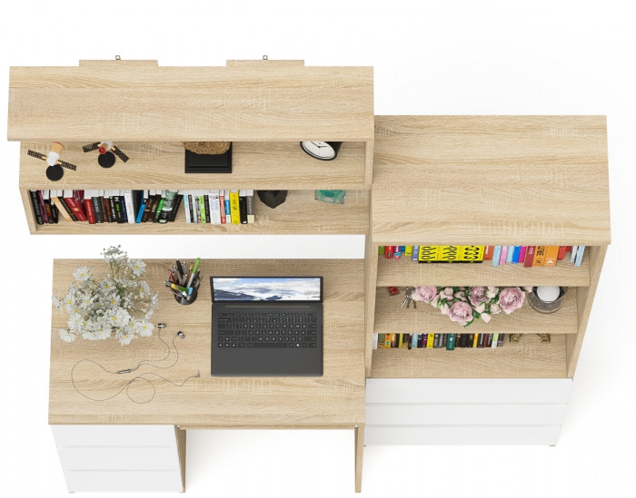 Мори Стол компьютерный МС-6 левый + Стеллаж МСТ600.3 + Полка 900, цвет дуб сонома/белый, ШхГхВ 150,4х50х209,6 см., НЕ универсальная сборка