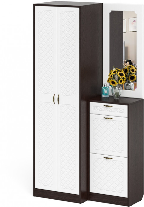 Прихожая П-6 Компоновка № 17, цвет венге/фасады МДФ белое дерево фрезеровка ромб, ШхГхВ 110х50х210 см., универсальная сборка