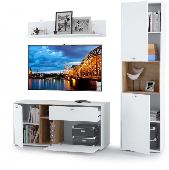 Бэль № 09, цвет дуб крафт золотой/белый премиум, ШхГхВ 210х43х200 см., ниша для ТВ 130х43х120 см., НЕ универсальная сборка