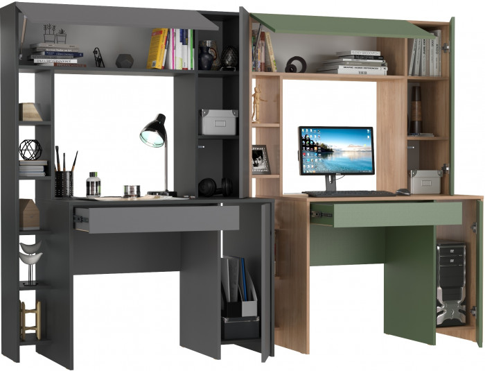 Два стола компьютерных Комфорт 12.71, цвет антрацит/тёмно-серый/гикори рокфорд натуральный/дымчатый зелёный, ШхГхВ 233,4х60,2х165,4 см., НЕ ун. сб.