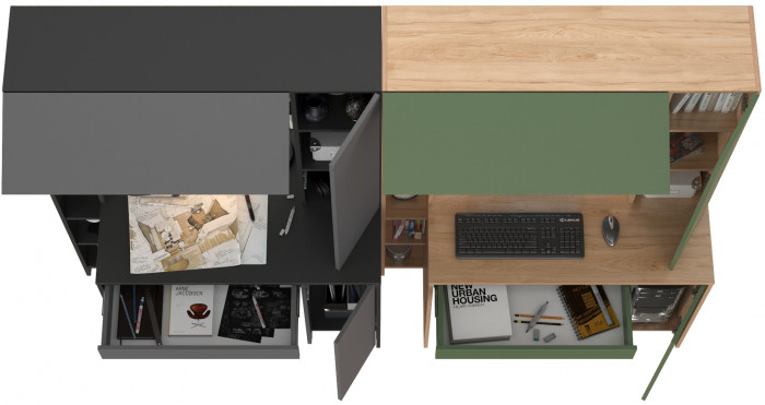 Два стола компьютерных Комфорт 12.71, цвет антрацит/тёмно-серый/гикори рокфорд натуральный/дымчатый зелёный, ШхГхВ 233,4х60,2х165,4 см., НЕ ун. сб.