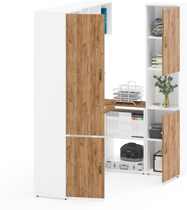 Лидер-8 Пенал МД 21Б + Стол + Полка + Пенал, белый шагрень/крафт золото