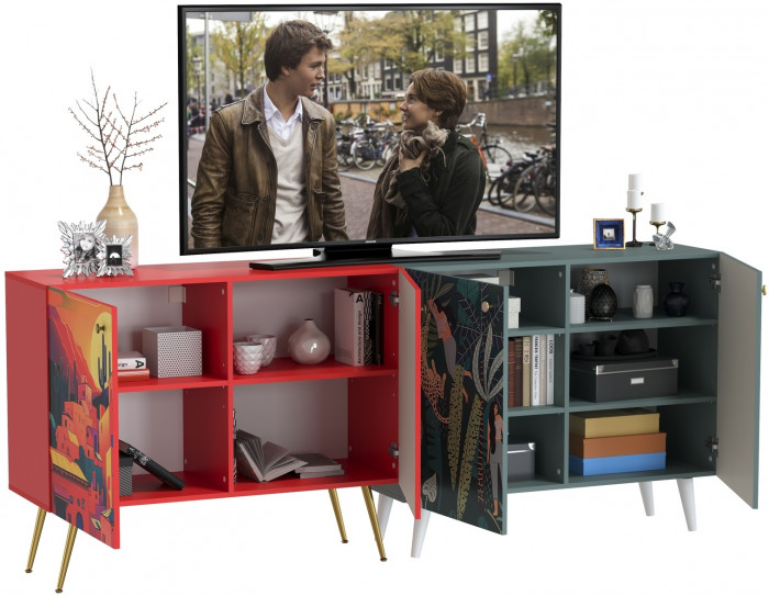 Либера Комод-тумба 16.230.01 + Кармин Комод-тумба 16.230.03, цвет пасифай/красный/белый, ШхГхВ 230,6х42,6х93,2 см., универсальная сборка