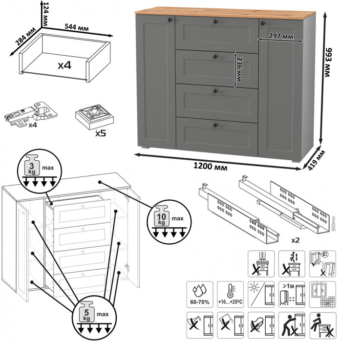 Остин 16.221 Комод + 16.121 Тумба для обуви + 16.121 Тумба для обуви, цвет серый графит/дуб крафт золотой, ШхГхВ 280х41,9х99,3 см., ун. сборка