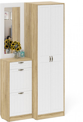 Прихожая П-6 Компоновка № 17, цвет дуб сонома/фасады МДФ белое дерево фрезеровка прованс, ШхГхВ 110х50х210 см., универсальная сборка