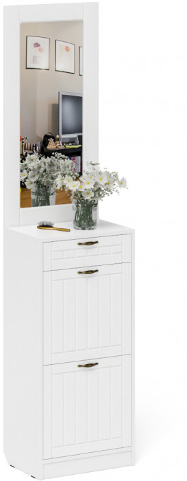 Прихожая П-6 Тумба для обуви 2 секции + Зеркало, цвет белая шагрень/фасады МДФ белое дерево фрезеровка прованс, ШхГхВ 50х35х210 см.