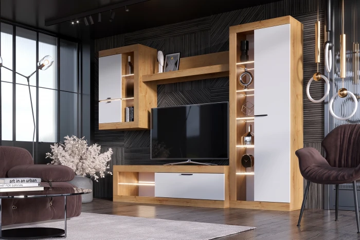 Прага Модульная Гостиная, вариант №5, Дуб Вотан/Белый глянец