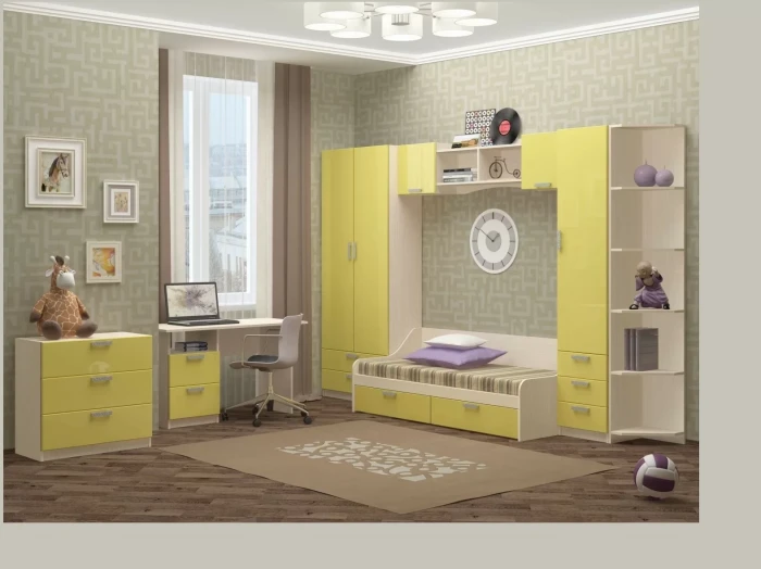 Модульная детская Юниор-7 МДФ (композиция 2) (Ясень шимо светлый, Салатовый)