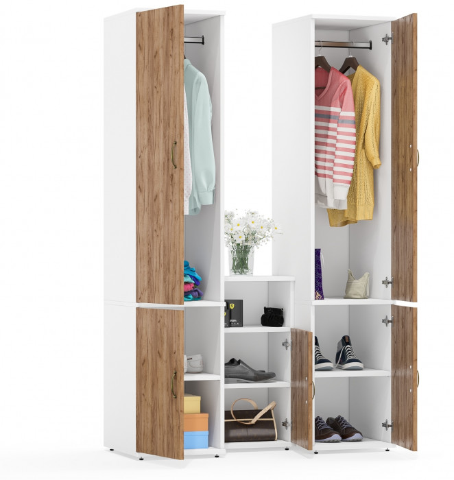 Лидер-8 Пенал МД 23Б + Пенал МД 23Б + Тумба МД 3.19, цвет белый шагрень/крафт золото, ШхГхВ 120х50х190 см., универсальная сборка