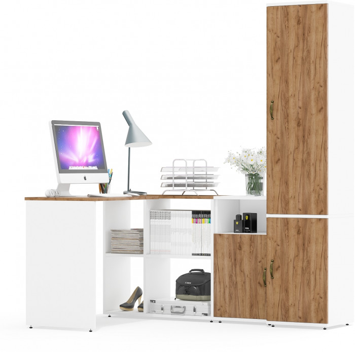 Лидер-8 Стол + Тумба МД 3.19 + Пенал МД 21Б, цвет белый шагрень/крафт золото, ШхГхВ 245х50/37,5х75/190 или 115х160/50х75/190 см., НЕ ун. сборка