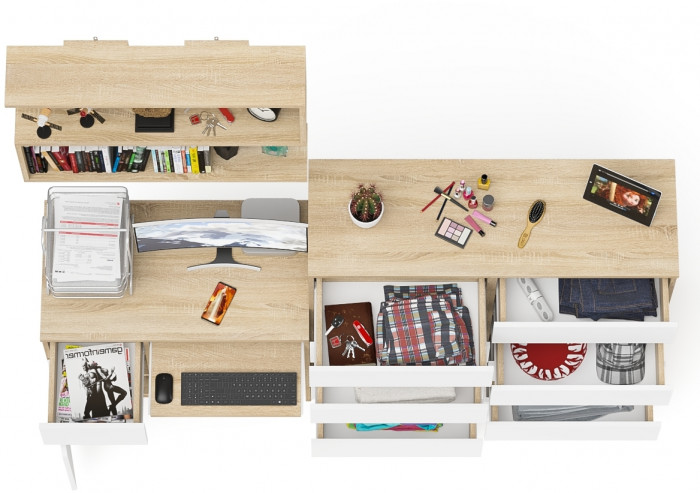 Мори Стол компьютерный МС-1 левый + Комод МК1200.10 + Полка 900, цвет дуб сонома/белый, ШхГхВ 210,4х50х209,6 см., НЕ универсальная сборка