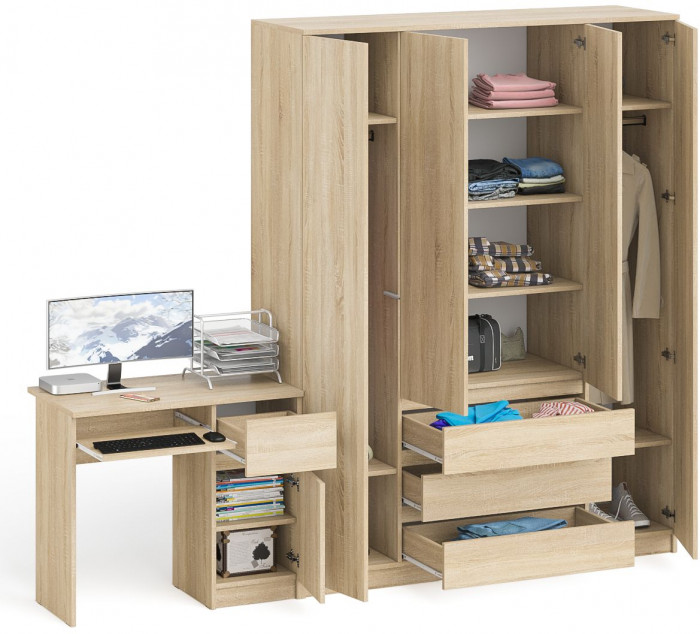 Мори Стол компьютерный МС-1 правый + Шкаф МШ1600.1, цвет дуб сонома, ШхГхВ 250,4х50,4х209,6 см., выдвижной ящик справа, НЕ универсальная сборка
