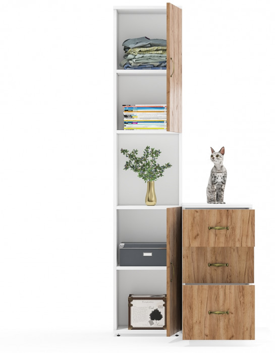 Лидер-8 Пенал + Тумба МД 3.16, цвет белый шагрень/крафт золото, ШхГхВ 80х50х190 см., универсальная сборка