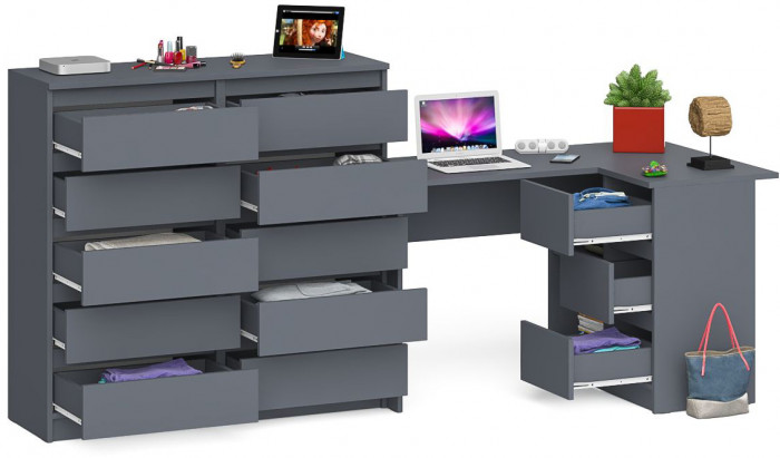 Мори Стол компьютерный МС-16 правый + Комод МК1200.10, цвет графит, ШхГхВ 244,8х84,9х115 см., выдвижные ящики справа, НЕ универсальная сборка