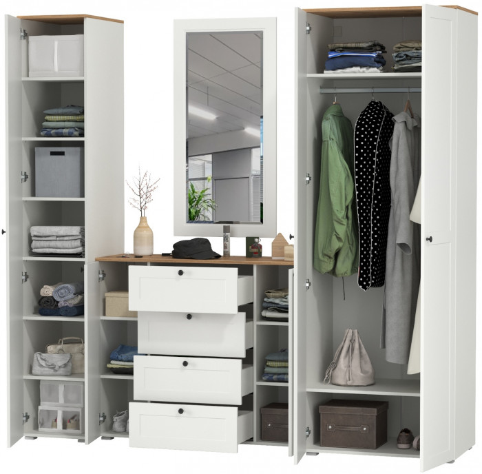 Остин Прихожая 38, цвет белый шагрень/дуб крафт золотой, ШхГхВ 240х54,3х229,6 см., универсальная сборка