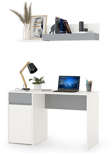 Торонто 12.149 Стол + 16.475 Полка, белый шагрень/стальной серый