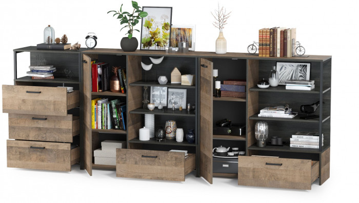 Трувор 13.307.01 Комод + 13.307.02 Комод с ящиками + 13.307.01 Комод, дуб гранж песочный/интра