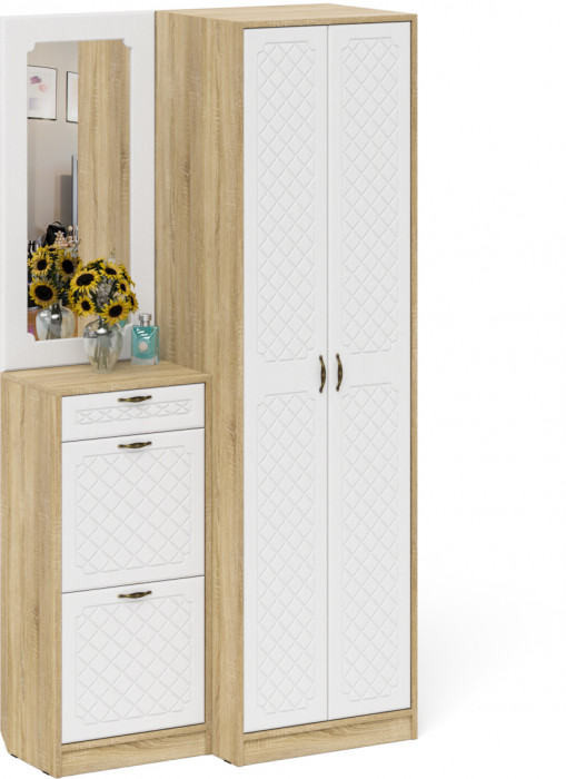 Прихожая П-6 Компоновка № 17, цвет дуб сонома/фасады МДФ белое дерево фрезеровка ромб, ШхГхВ 110х50х210 см., универсальная сборка