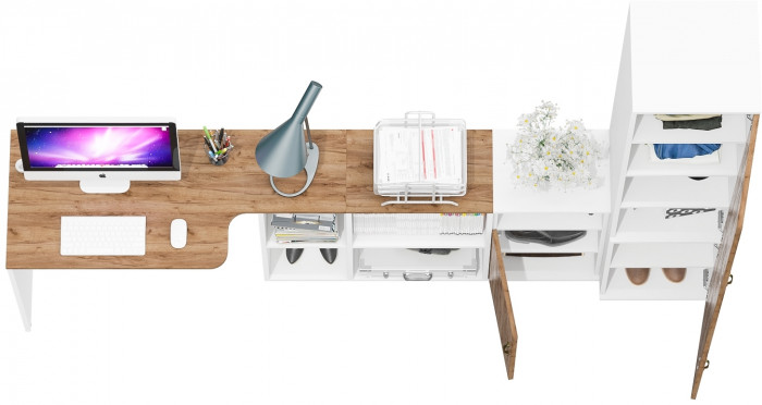 Лидер-8 Стол + Тумба МД 3.19 + Пенал МД 22Б, цвет белый шагрень/крафт золото, ШхГхВ 245х50/37,5х75/190 или 115х160/50х75/190 см., НЕ ун. сборка