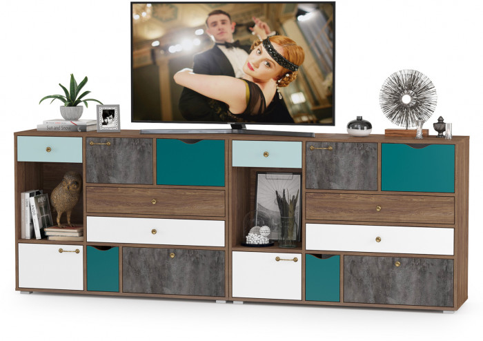 Вайс Комод 10.104 + Комод 10.104, цвет морское дерево винтаж/камень тёмный/бензин/мята/белый премиум, ШхГхВ 242,4х39,9х88,8 см., НЕ универс. сборка