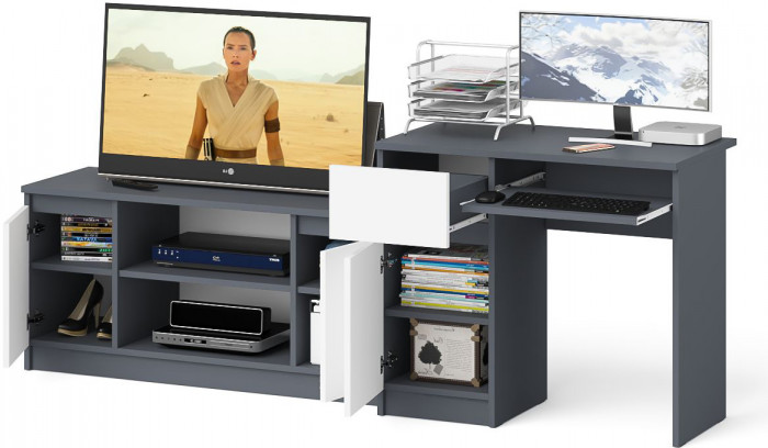 Мори Стол компьютерный МС-1 левый + Тумба МТВ1200.1, цвет графит/белый, ШхГхВ 210,4х50х76,6 см., выдвижной ящик слева, НЕ универсальная сборка