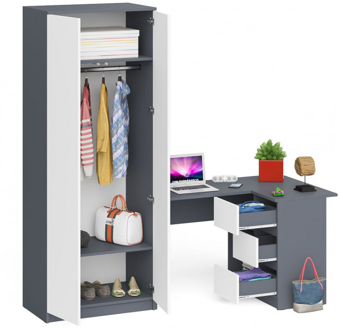 Мори Стол компьютерный МС-16 правый + Шкаф МШ800.1, цвет графит/белый, ШхГхВ 204,8х84,9х209,6 см., выдвижные ящики справа, НЕ универсальная сборка