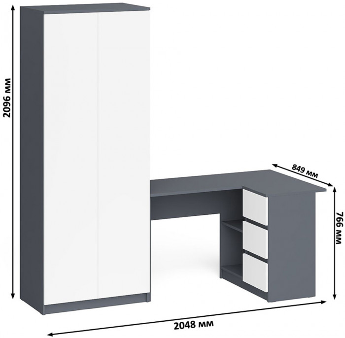Мори Стол компьютерный МС-16 правый + Шкаф МШ800.1, цвет графит/белый, ШхГхВ 204,8х84,9х209,6 см., выдвижные ящики справа, НЕ универсальная сборка