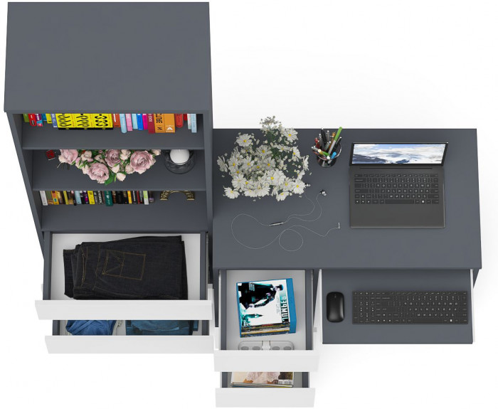 Мори Стол компьютерный МС-6 левый + Стеллаж МСТ600.3, цвет графит/белый, ШхГхВ 150,4х50х179,6 см., выдвижные ящики слева, НЕ универсальная сборка