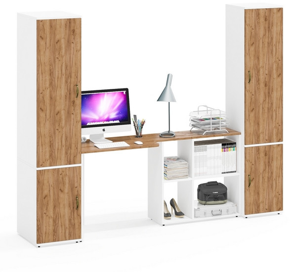 Лидер-8 Пенал МД 23Б + Стол + Пенал 22Б, цвет белый шагрень/крафт золото, ШхГхВ 245х50/37,5х75/190 или 155х120/50х75/190 см., НЕ универсальная сборка