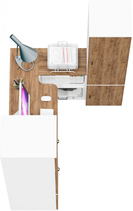 Лидер-8 Пенал МД 23Б + Стол + Пенал 22Б, цвет белый шагрень/крафт золото, ШхГхВ 245х50/37,5х75/190 или 155х120/50х75/190 см., НЕ универсальная сборка