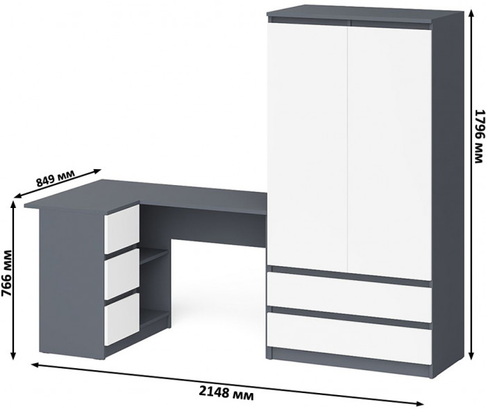 Мори Стол компьютерный МС-16 левый + Шкаф МШ900.1, цвет графит/белый, ШхГхВ 214,8х84,9х179,6 см., выдвижные ящики слева, НЕ универсальная сборка