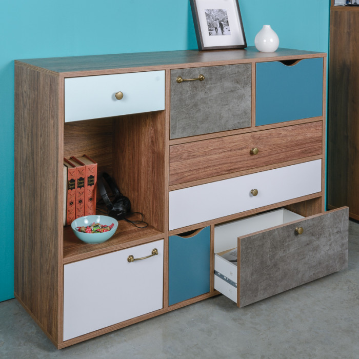 Вайс Комод 10.104, цвет морское дерево винтаж/камень тёмный/бензин/мята/белый премиум, ШхГхВ 121,2х39,9х88,8 см., НЕ универсальная сборка