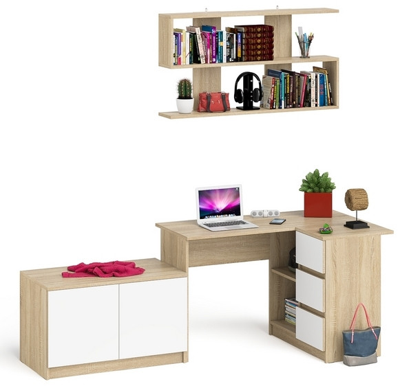 Мори компьютерный стол МС-16 правый + Тумба МА900.1 + Полка 1200, дуб сонома/белый
