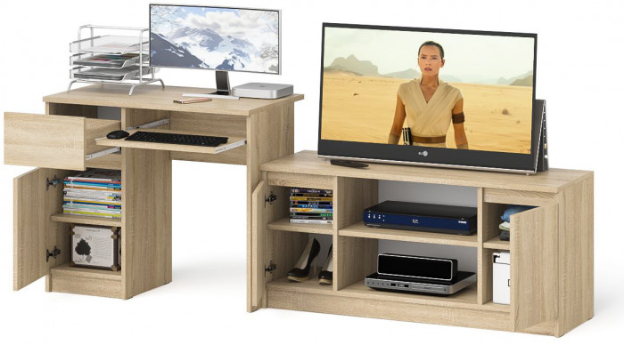 Мори Стол компьютерный МС-1 левый + Тумба МТВ1200.1, цвет дуб сонома, ШхГхВ 210,4х50х76,6 см., выдвижной ящик слева, НЕ универсальная сборка