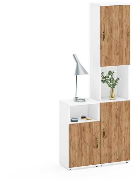 Лидер-8 Пенал + Тумба МД 3.19, цвет белый шагрень/крафт золото, ШхГхВ 80х30х190 см., универсальная сборка