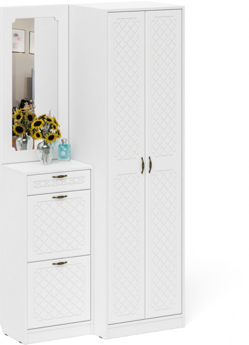 Прихожая П-6 Компоновка № 17, цвет белая шагрень/фасады МДФ белое дерево фрезеровка ромб, ШхГхВ 110х50х210 см., универсальная сборка