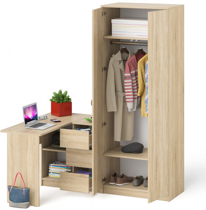 Мори Стол компьютерный МС-16 правый + Шкаф МШ800.1, цвет дуб сонома, ШхГхВ 204,8х84,9х209,6 см., выдвижные ящики справа, НЕ универсальная сборка