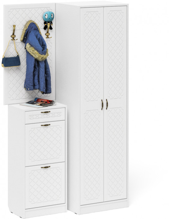 Прихожая П-6 Компоновка № 18, цвет белая шагрень/фасады МДФ белое дерево фрезеровка ромб, ШхГхВ 120х50х210 см., универсальная сборка
