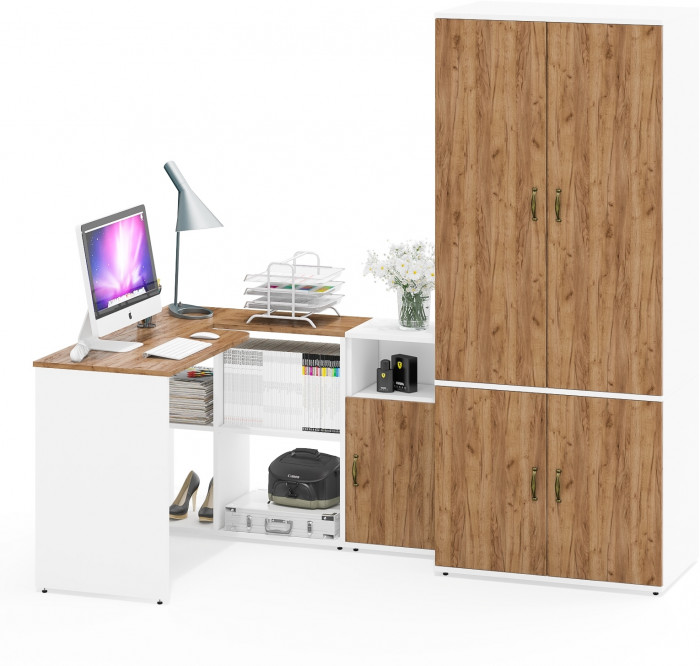 Лидер-8 Стол + Тумба МД 3.19 + Шкаф МД 19Б, цвет белый шагрень/крафт золото, ШхГхВ 285х50/37,5х75/190 или 115х200/50х75/190 см., НЕ ун. сборка