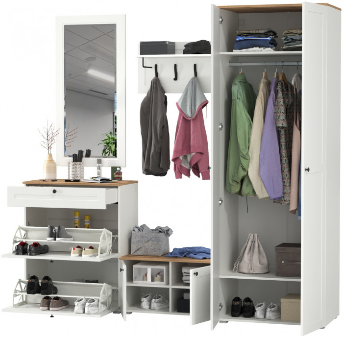 Остин Прихожая 47, цвет белый шагрень/дуб крафт золотой, ШхГхВ 240х54,3х229,6 см., универсальная сборка