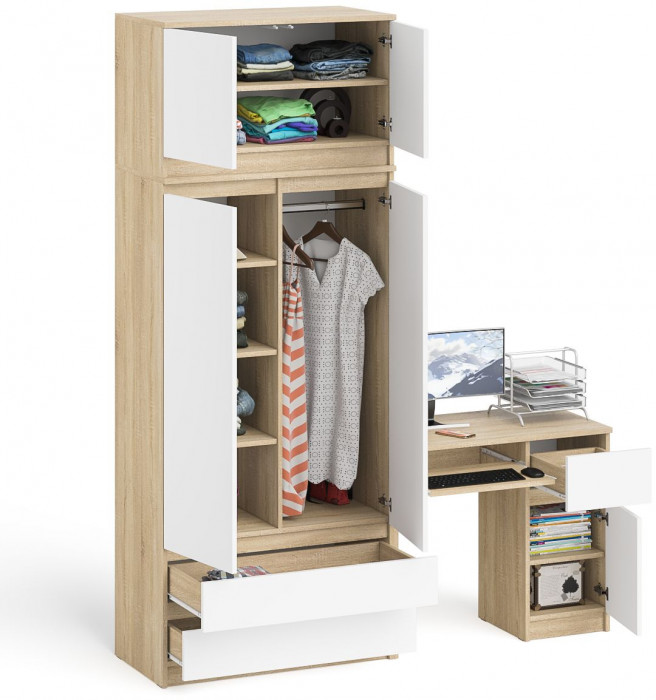 Мори компьютерный стол МС-1 правый + Шкаф МШ900.1 + Антресоль МА900.1, дуб сонома/белый