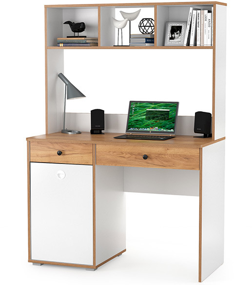Вуди Стол письменный 12.42 + Надстройка на стол 13.161, цвет белый премиум/дуб крафт золотой, ШхГхВ 110х52,7х158,7 см., универсальная сборка
