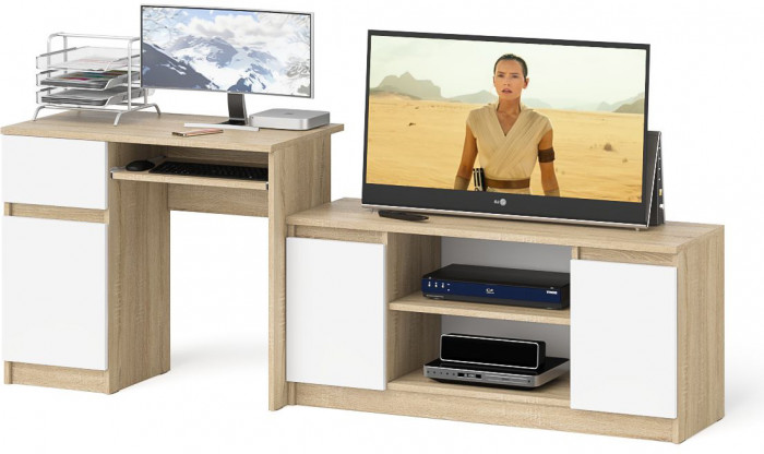 Мори Стол компьютерный МС-1 левый + Тумба МТВ1200.1, цвет дуб сонома/белый, ШхГхВ 210,4х50х76,6 см., выдвижной ящик слева, НЕ универсальная сборка